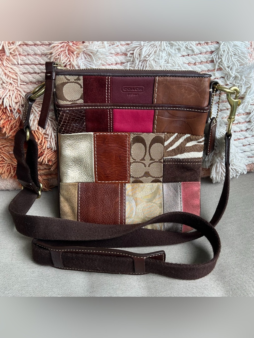 Coach Patchwork Leather & Fabric Crossbody - Brown, Pink, Gold